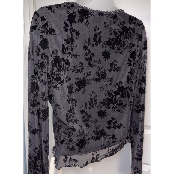 Cider Large Womens Black Long Sheer Sleeve Floral V neck - Picture 4 of 7